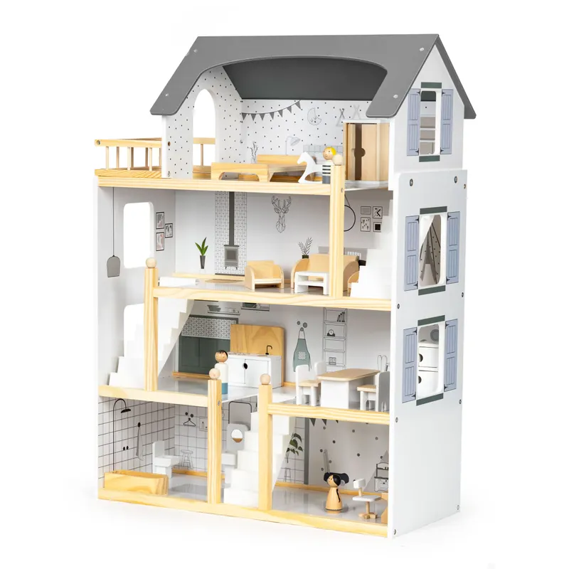 Casuta de Papusi Ecotoys, lemn, 4 etaje, mobilier, 18 piese, multicolor KID000470 — imaginea 5
