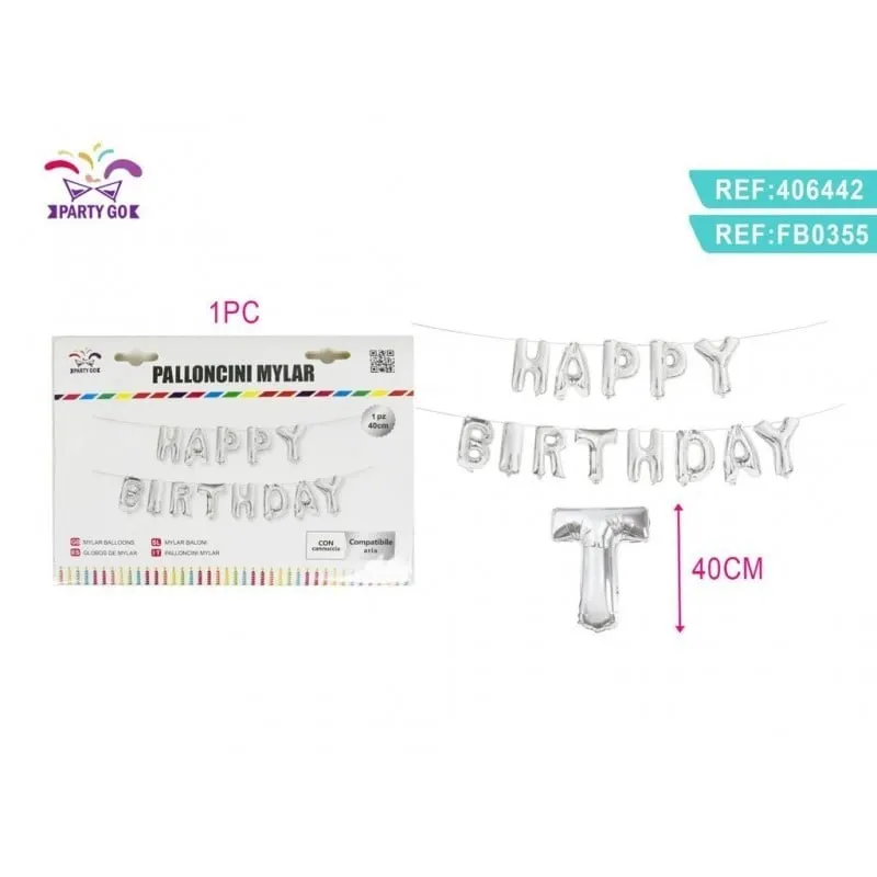 Set 13 Baloane din folie PartyGo Happy Birthday, 40cm, argintiu