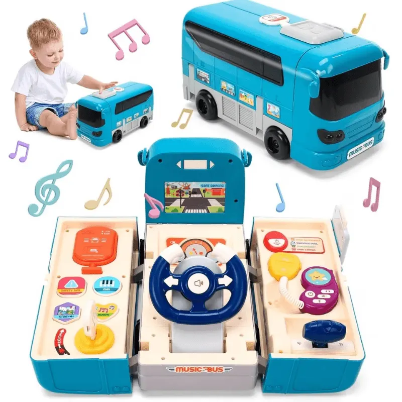 Jucarie interactiva Autobuz 2 in 1, sunete si lumini, simulator de condus, 16 functii, albastru, +3 ani