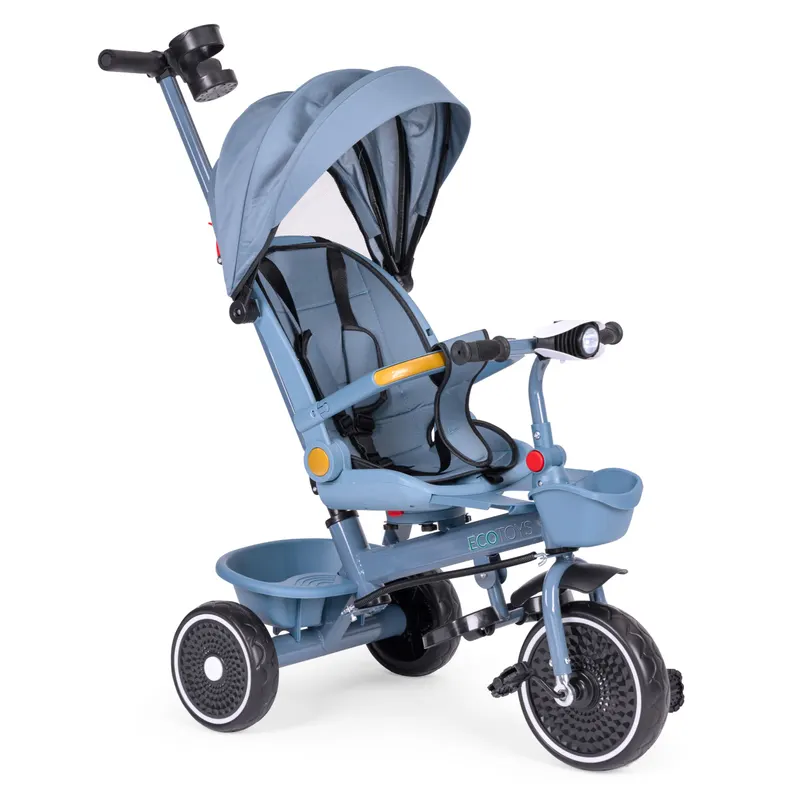 Tricicleta Ecotoys, 2 in 1, scaun rotativ, melodi si lumini, copertina, albastru KID005925