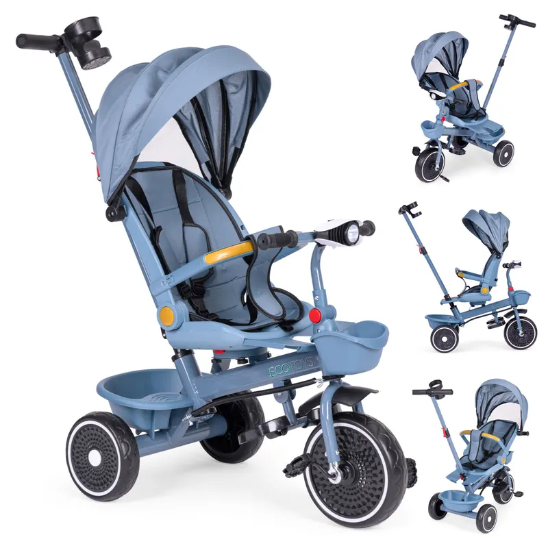 Tricicleta Ecotoys, 2 in 1, scaun rotativ, melodi si lumini, copertina, albastru KID005925 — imaginea 5