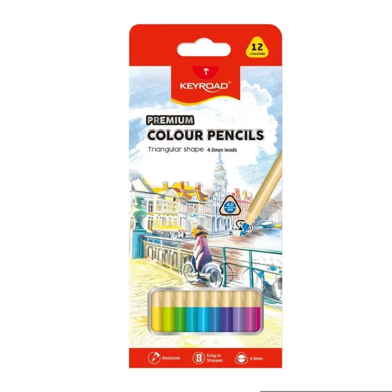 Set 12 creioane colorate Keyroad,triunghiulare,mina 4mm