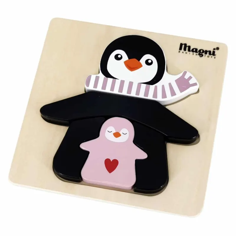 Puzzle din lemn, Magni, Pinguinii, 3 piese, roz