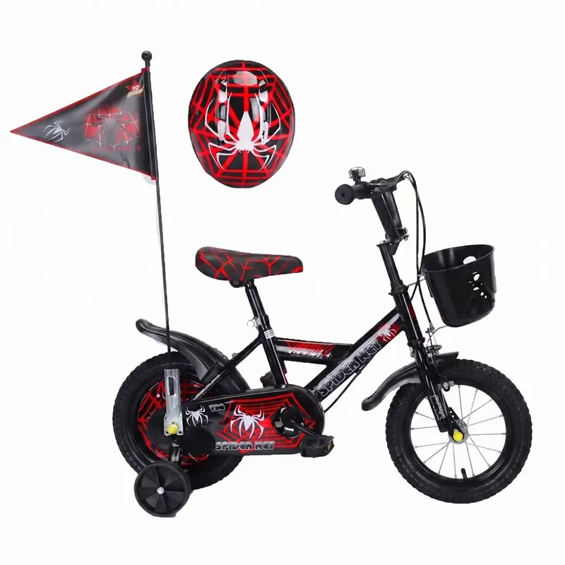 Bicicletă copii 14 inch LUDIRO Spider Net, negru-roșu, cu cască, steag, roți ajutătoare și coș frontal, 3-6 ani