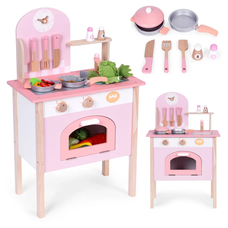 Bucatarie copii Ecotoys, lemn, 8 accesorii, roz KID003907