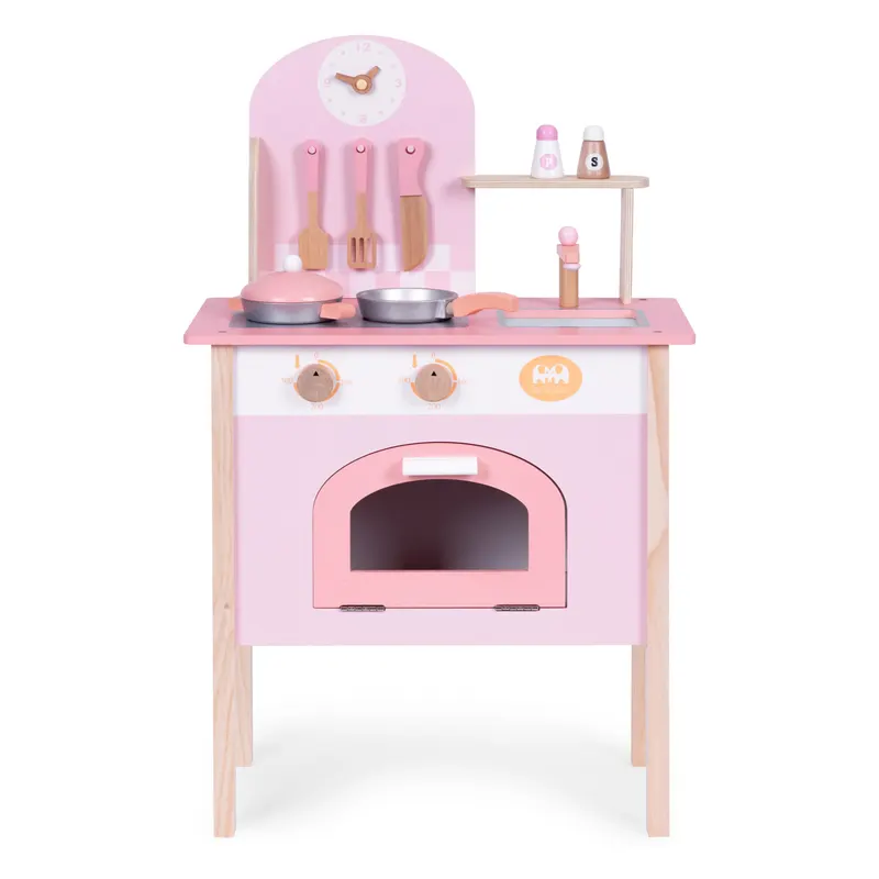 Bucatarie copii Ecotoys, lemn, 8 accesorii, roz KID003907 — imaginea 2