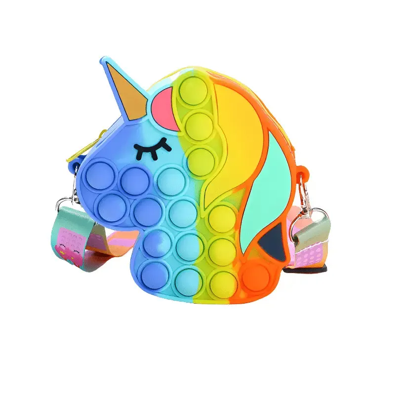 Jucarie Interactiva Antistres Tip Gentuta de Umar Pop IT NOW din Silicon, Cu Fermoar si Curea, Model Unicorn, 12X12X4 cm, Multicolor, + 3 Ani