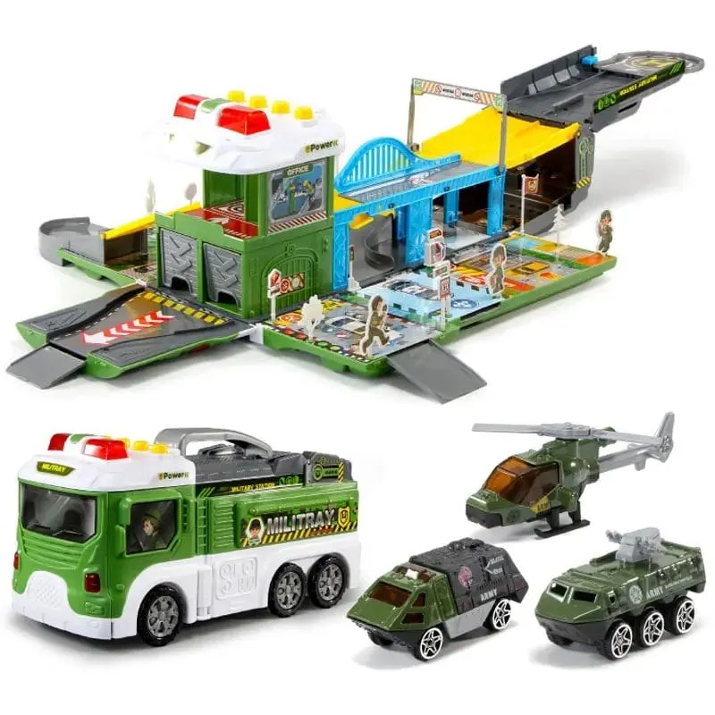 Set de Joaca Camion 2 in 1 Transformabil in Vehicul Militar, cu Masini, Elicopter, Rampa si Sunete Realiste, Jucarie Educativa pentru Copii, Stimuleaza Invatarea prin Joaca,+ 3 Ani