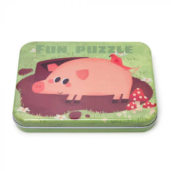 Puzzle din Lemn cu Animale Domestice in Cutie Metalica Montessori