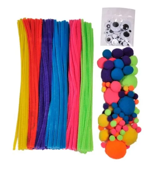 Set de joaca creativ cu pompoane, ochisori si bete, Multicolor