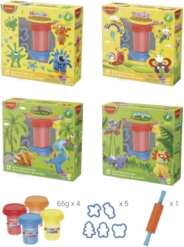 Set plastilina Keyroad , 4 borcanaE e x 65 g, accesorii incluse,diverse tematici