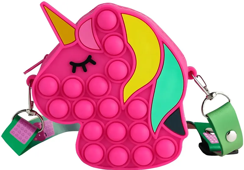 Jucarie Interactiva Antistres Tip Gentuta de Umar Pop IT NOW din Silicon, Cu Fermoar si Curea, Model Unicorn, 12X12X4 cm, Fuchsia, + 3 Ani