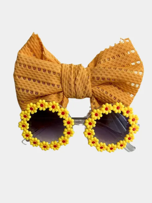 Set Ochelari de Soare pentru Fetite, Model Floricele Vesele, Marime Universala - Galben