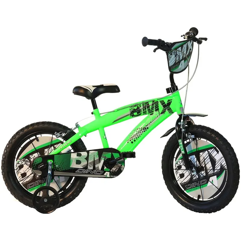 Bicicleta Copii Dino Bikes, BMX, 14 inch, roti ajutatoare, sistem frana, negru/verde KID909781