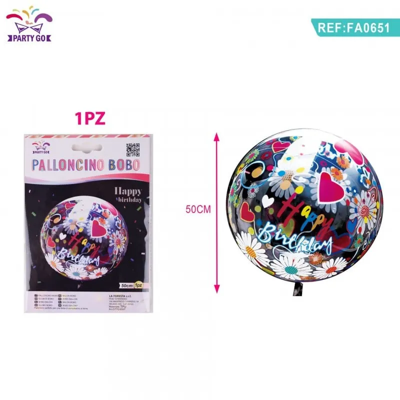 Balon din folie PartyGo Happy Birthday, 50cm, transparent cu desene