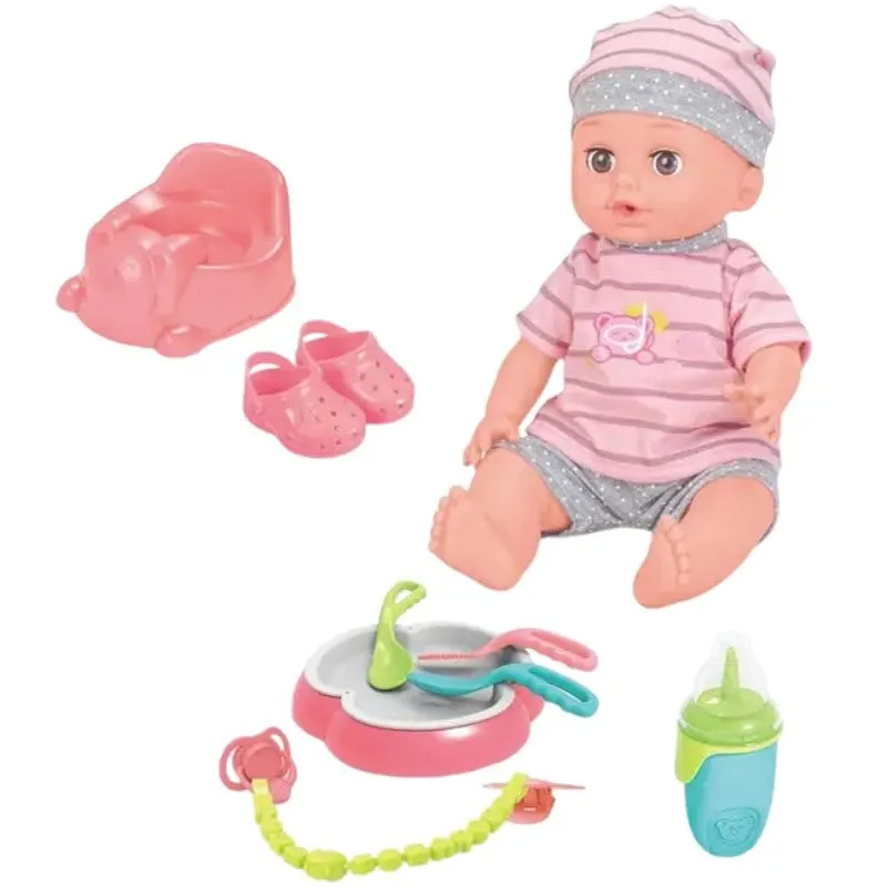 Set Papusa Bebelus Multifunctionala Care Vorbeste, Bea si Face Pipi, 12 Sunete, Olita, Suzeta, Farfurie si Tacamuri, Biberon, Papucei, 30 Cm, + 3 Ani