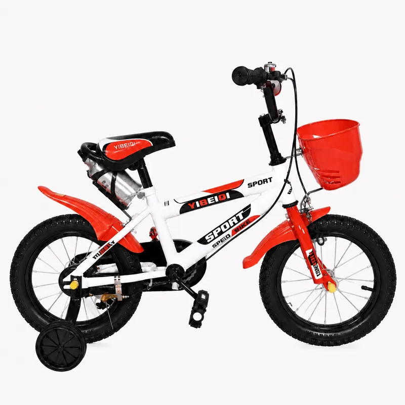 Bicicleta pentru copii Ludiro 14 inch pentru 3–6 Ani, alb rosu, cu roti ajutatoare, coș frontal și bidon