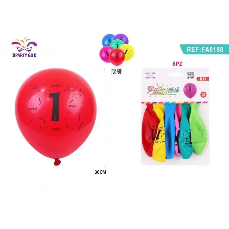 Set 6 Baloane aniversare PartyGo cifra 1, 30cm, imprimate, diverse culori