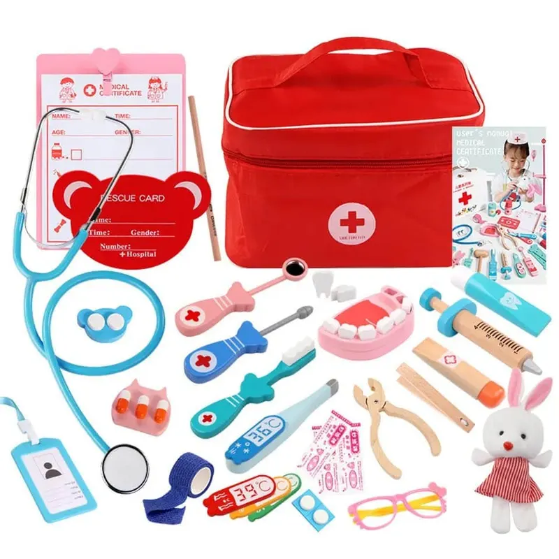 Trusa Medicala din Lemn, Accesorii Dentare, Termometru, Stetoscop, Seringa, Mulaj Dentar, Set Creativ si Interactiv, Geanta Depozitare, Rosu, + 3 Ani