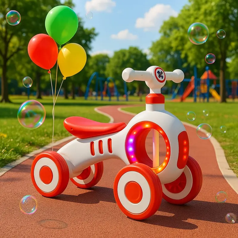Bicicleta de Echilibru fara Pedale LUDIRO 2 in 1, 4 Roti Antialunecare, Structura Stabila, Margini Rotunjite, Lumini Colorate si Sunete Interactive, Sustine Dezvoltarea Timpurie, Alb Rosu, + 2 Ani