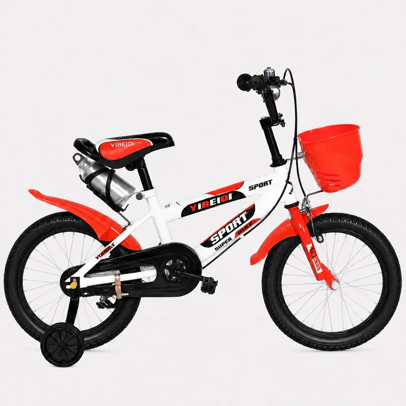 Bicicleta pentru copii 16 inch pentru 4–8 ani, alb rosu, cu roti ajutatoare, cos si bidon pentru apa