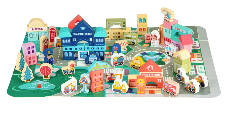 Set City blocuri si covoras Ecotoys, lemn, 121 piese, multicolor KID970513