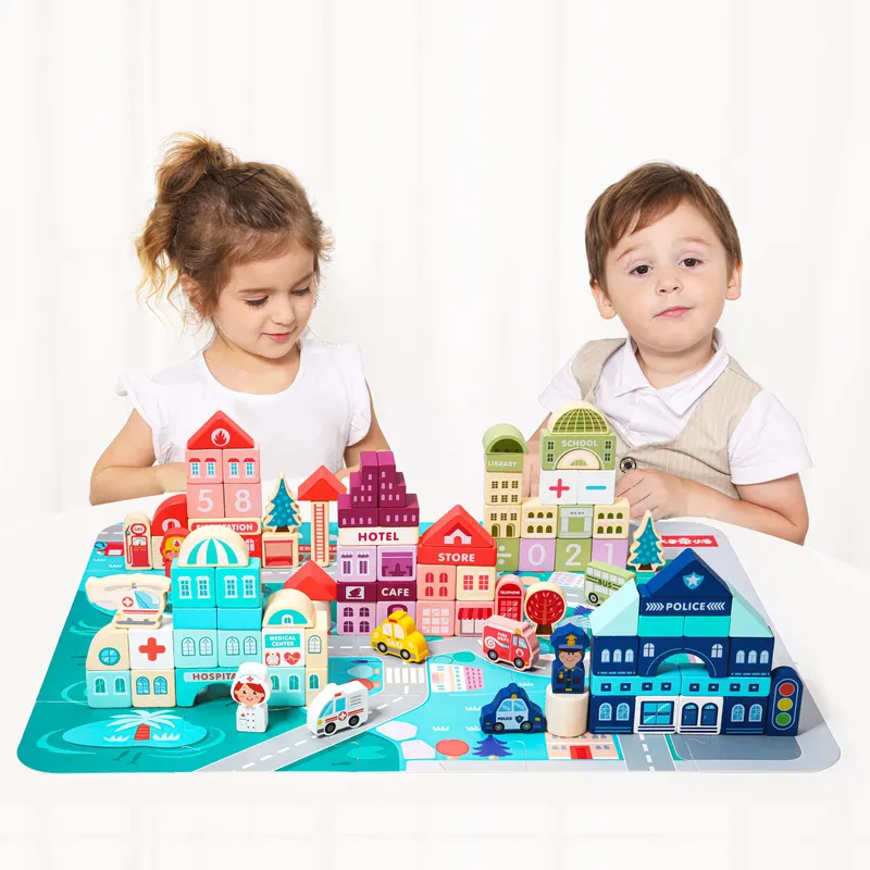 Set City blocuri si covoras Ecotoys, lemn, 121 piese, multicolor KID970513 — imaginea 2