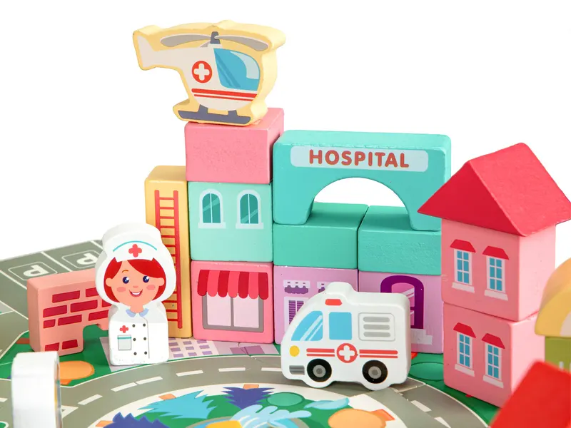 Set City blocuri si covoras Ecotoys, lemn, 121 piese, multicolor KID970513 — imaginea 3