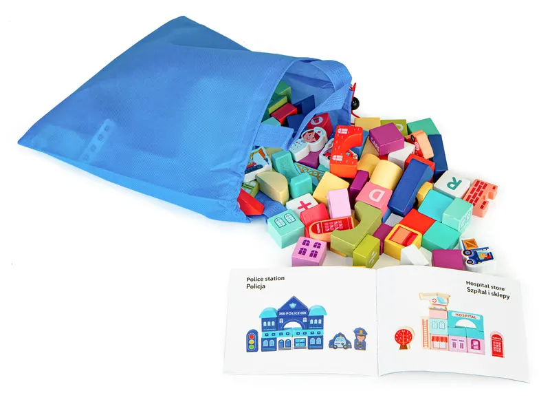 Set City blocuri si covoras Ecotoys, lemn, 121 piese, multicolor KID970513 — imaginea 4