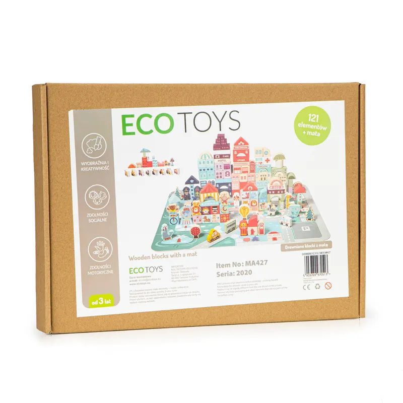 Set City blocuri si covoras Ecotoys, lemn, 121 piese, multicolor KID970513 — imaginea 5