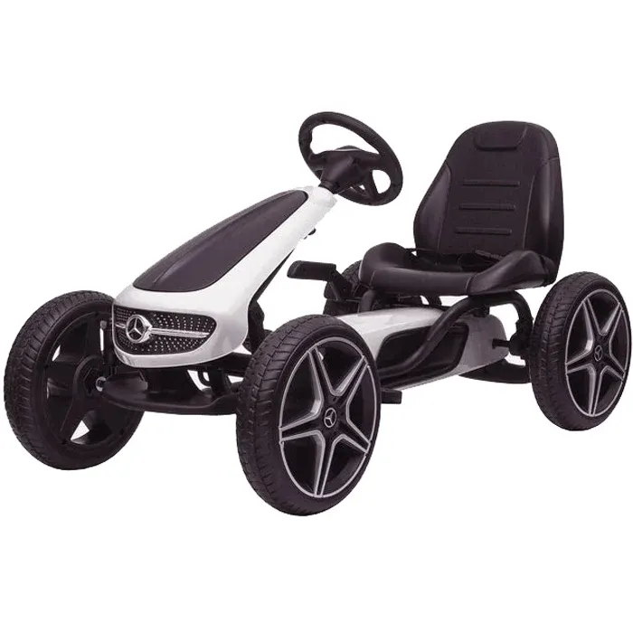 Kart cu pedale Mercedes, roti din cauciuc solid, scaun reglabil, centura de siguranta, alb