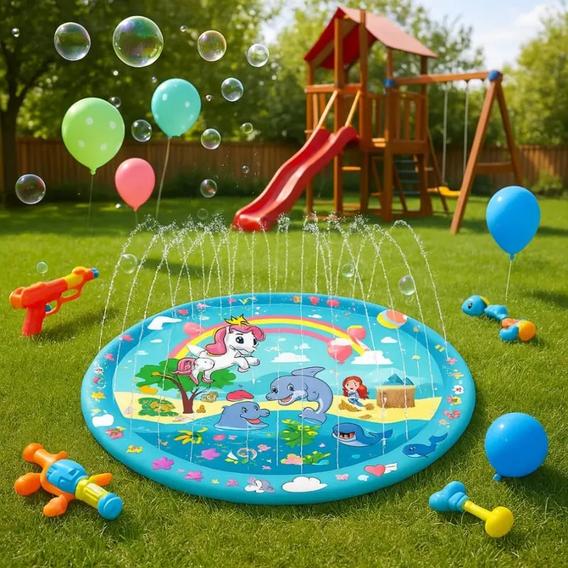 Covoras cu Apa pentru Joaca LUDIRO, Diametru 170 Cm, Fantana Arteziana Interactiva cu Animalute, Unicorn si Delfini, Joaca Distractiva si Educativa in Gradina pentru Copii, 1-6 Ani