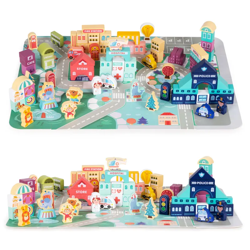 Set blocuri si covoras Ecotoys, lemn, 121 piese, multicolor KID978120