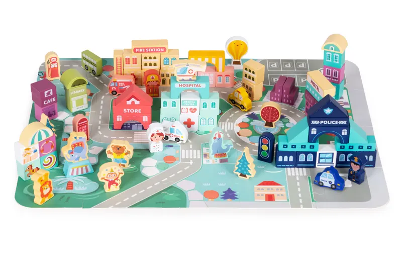Set blocuri si covoras Ecotoys, lemn, 121 piese, multicolor KID978120 — imaginea 2