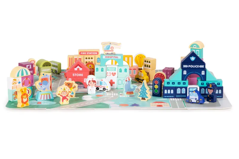 Set blocuri si covoras Ecotoys, lemn, 121 piese, multicolor KID978120 — imaginea 3