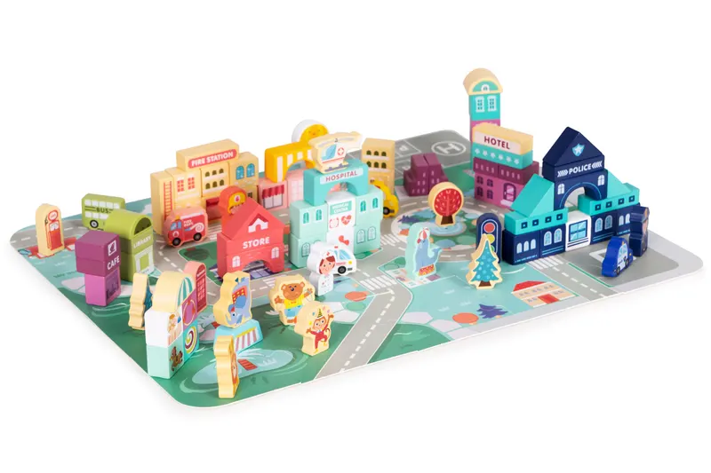 Set blocuri si covoras Ecotoys, lemn, 121 piese, multicolor KID978120 — imaginea 4