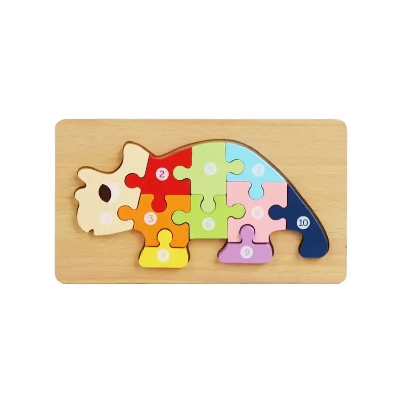 Puzzle 3D Montessori din lemn, 10 piese, 2 ani+ - Rinocer
