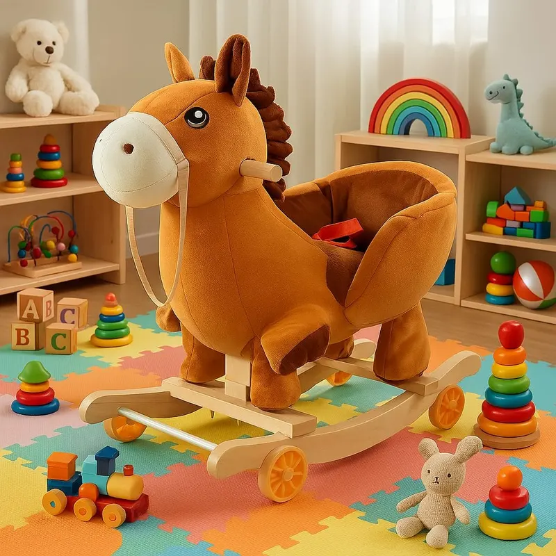 Calut Balansoar din Plus LUDIRO 2 in 1 cu Roti si Curea de siguranta, Jucarie Educativa si Relaxanta pentru Copii, Design Adorabil, Moale si Sigur pentru Joaca in Casa, 1-4 Ani, 65 x 34 x 50 Cm