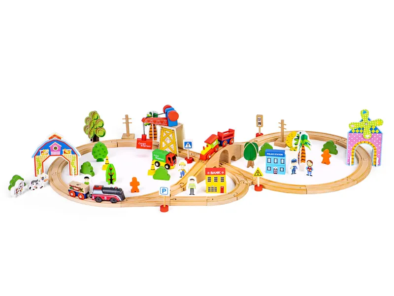 Set trenulet Ecotoys, lemn, baterii, 74 elemente KID065418