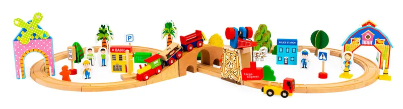 Set trenulet Ecotoys, lemn, baterii, 74 elemente KID065418 — imaginea 2