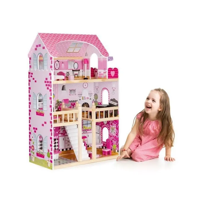 Casuta de Papusi Ecotoys, lemn, mobilier, lumini LED, roz KID970032 — imaginea 2
