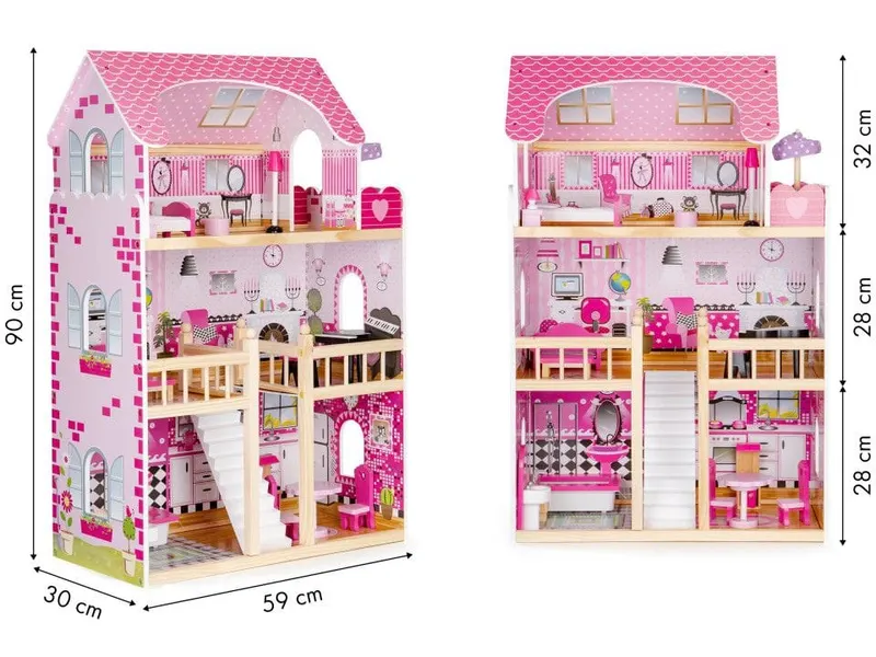Casuta de Papusi Ecotoys, lemn, mobilier, lumini LED, roz KID970032 — imaginea 3