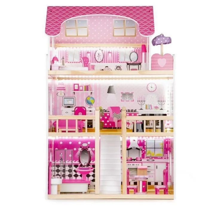 Casuta de Papusi Ecotoys, lemn, mobilier, lumini LED, roz KID970032 — imaginea 4