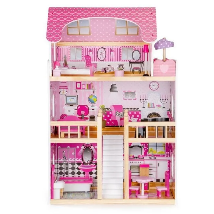 Casuta de Papusi Ecotoys, lemn, mobilier, lumini LED, roz KID970032 — imaginea 5