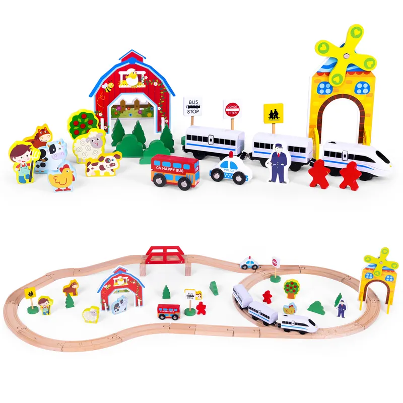 Set trenulet Ecotoys, lemn, baterii, 53 elemente KID065401