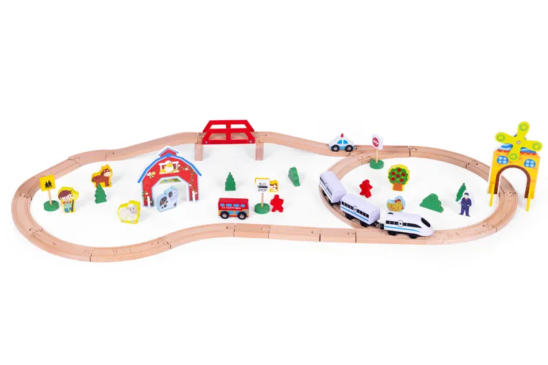 Set trenulet Ecotoys, lemn, baterii, 53 elemente KID065401 — imaginea 2