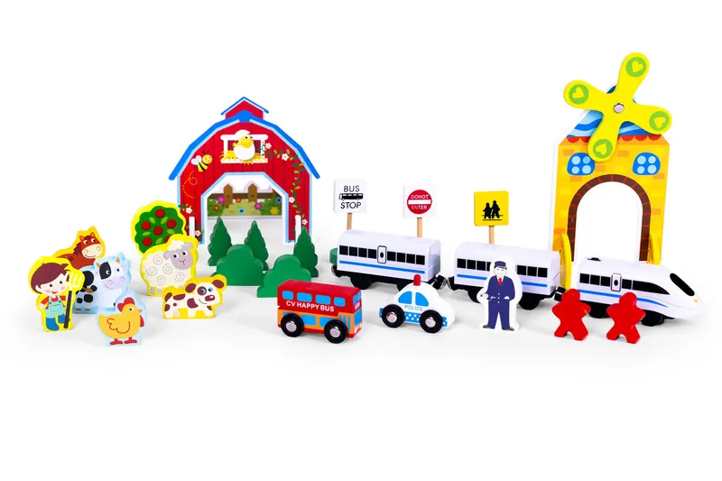 Set trenulet Ecotoys, lemn, baterii, 53 elemente KID065401 — imaginea 5