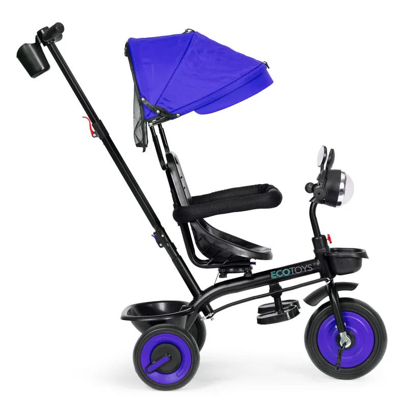 Tricicleta Ecotoys, 3 in 1, scaun rotativ, melodi si lumini, copertina, albastru KID005987