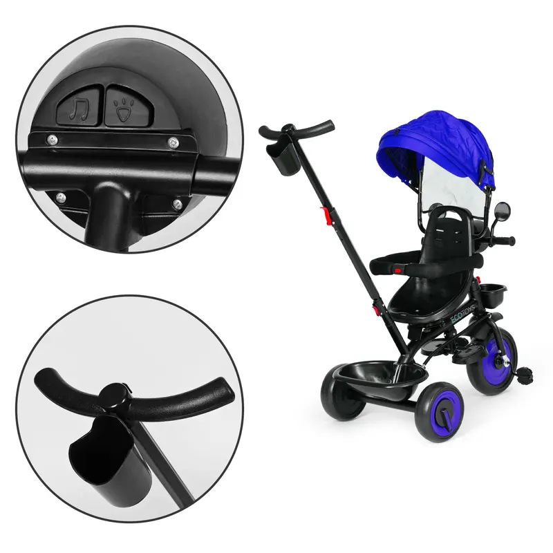 Tricicleta Ecotoys, 3 in 1, scaun rotativ, melodi si lumini, copertina, albastru KID005987 — imaginea 5