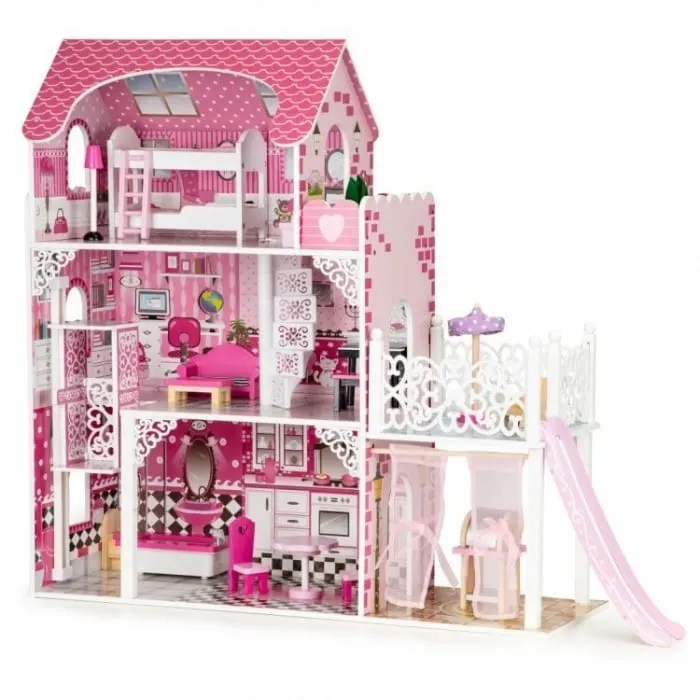 Casuta de Papusi Ecotoys, XXL, lemn, mobilier, lift, topogan, roz KID069966